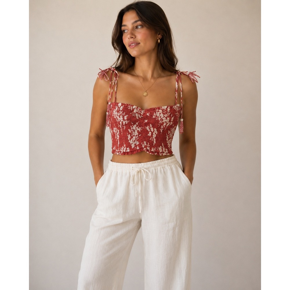House of Harlow 1960 Smocked Linen Blend Crop Top Red M NWOT